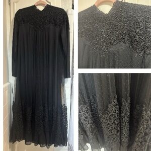 Dainty Jewell Black Sheer Lace Long Sleeve Maxi Dress Sz L Crochet High Neck